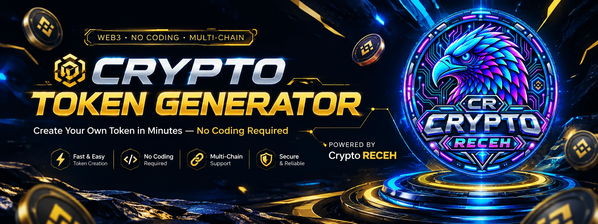 Crypto Token Generator guide banner showing a token creation interface and blockchain symbols